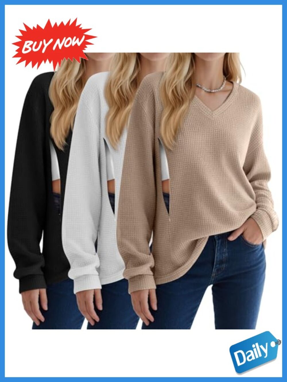 3 Pack Waffle Knit Long Sleeve Nursing Tops Hidden Zipper Breastfeeding Shirts